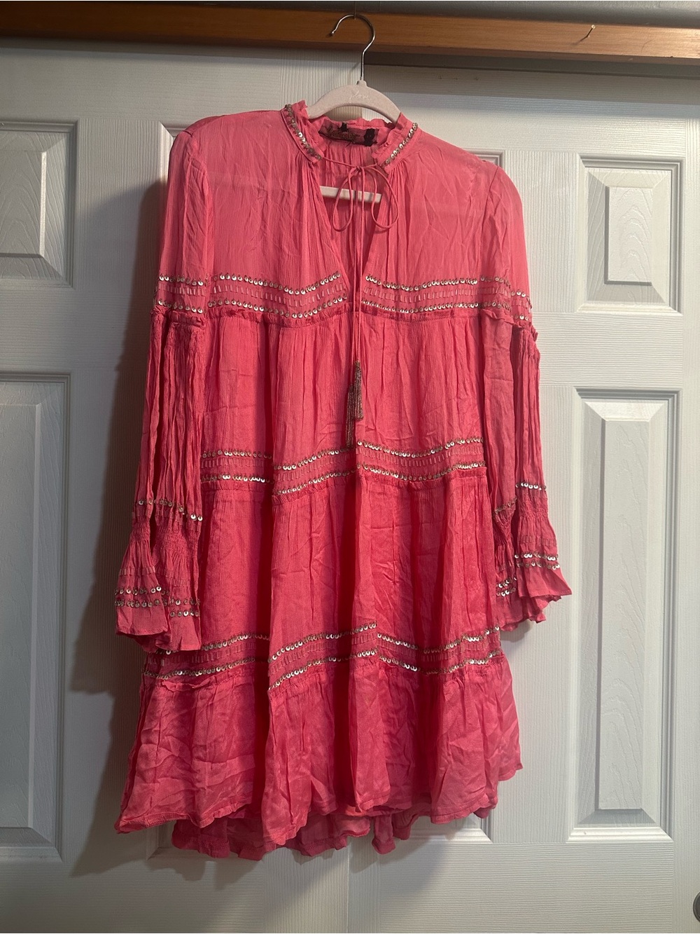 Free People Coral Pink Sequin-Trim Boho Midi Dress